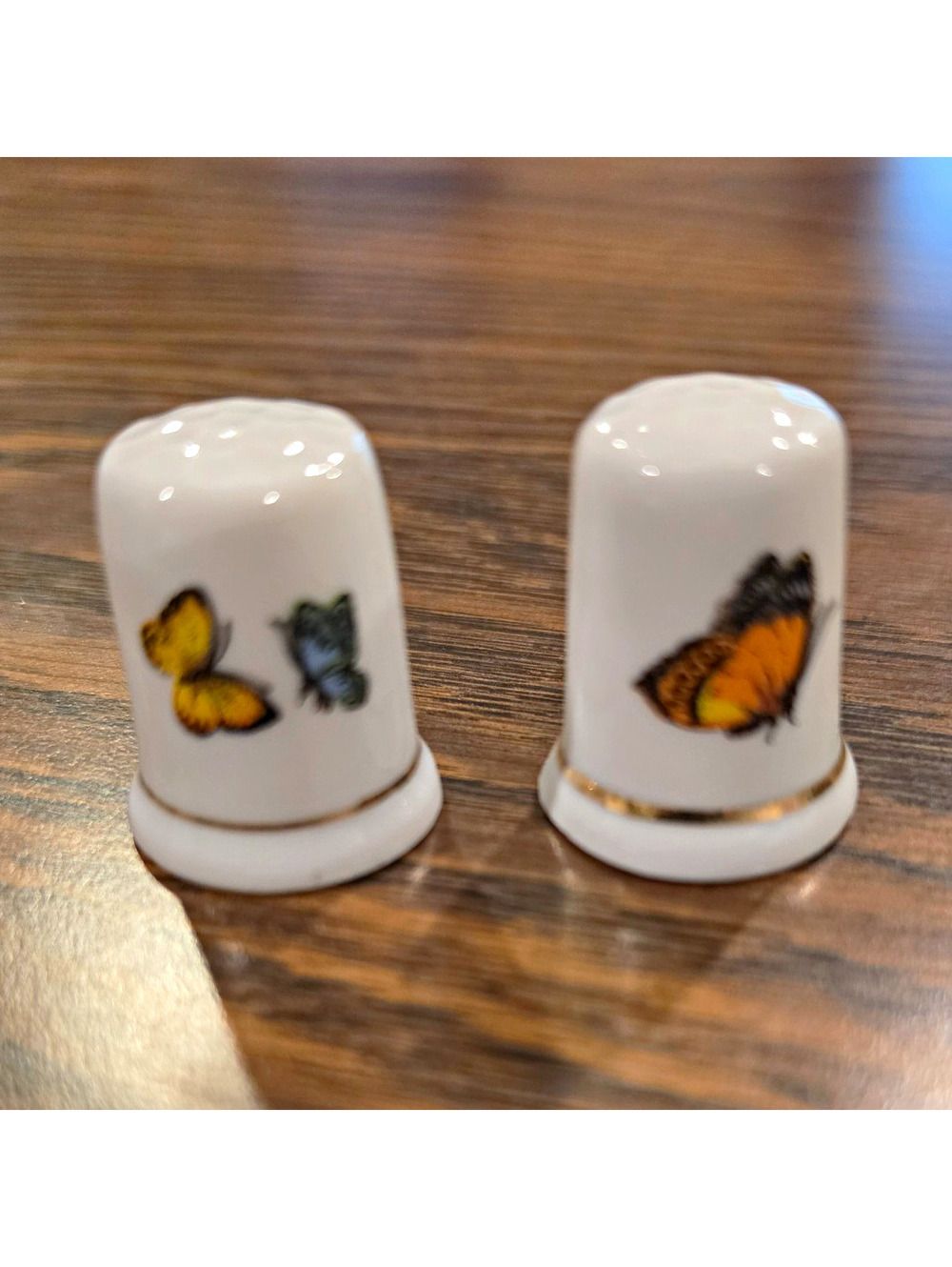 Lot of 2 White Porcelain Sewing Thimbles with Butterfly Design
